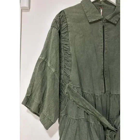 Free People Hampton Belted Mini Dress Crystal Kelp Cotton Size Medium NWOT Chic Mini